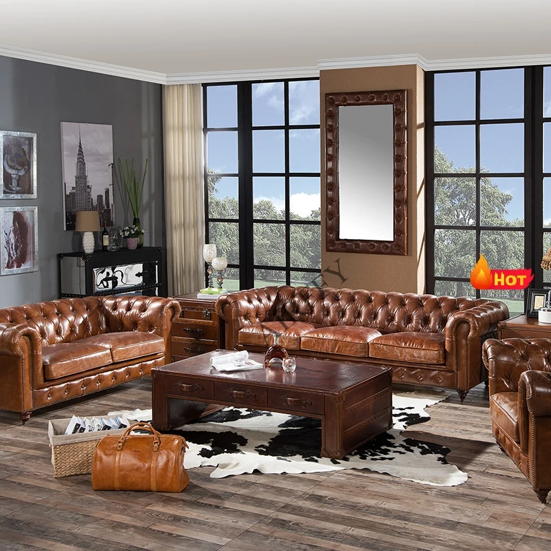 Luxury vintage 100 genuine leather sofa sets distressed brown leather living room sofa classic chesterfield leather sofas