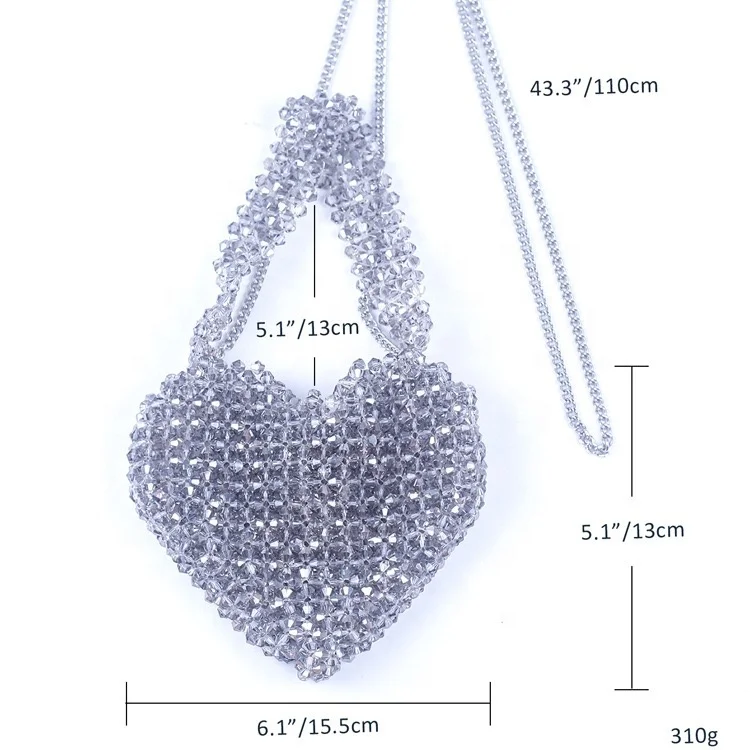 MoyaMiya hot selling handmade macrame silver heart crystal beads shiny bag crochet fashion handbags