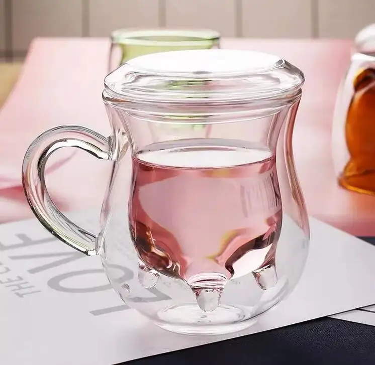 Custom Funny Cow Shape Design Double Layer Glass Coffee Milk Mug Cup With Logo Customize