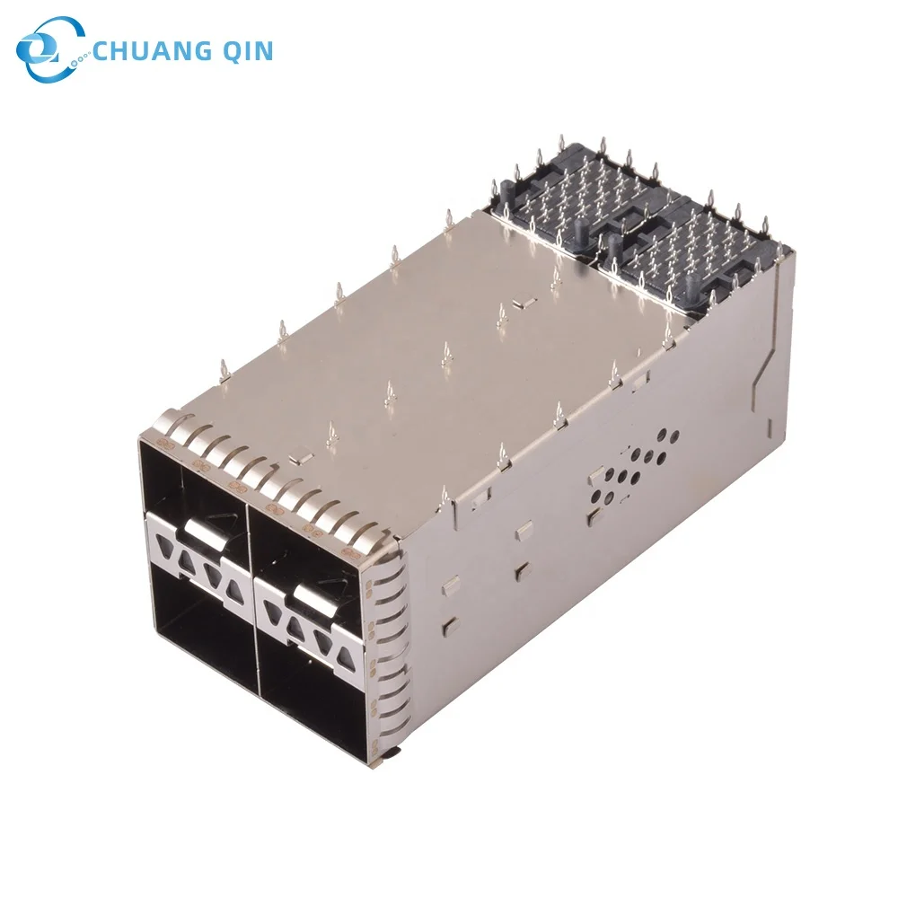 Press-Fit Through Hole EMI Shielded Ganged SFP28 Cage 2x2 With 4 Lights Fiber Optic Connector