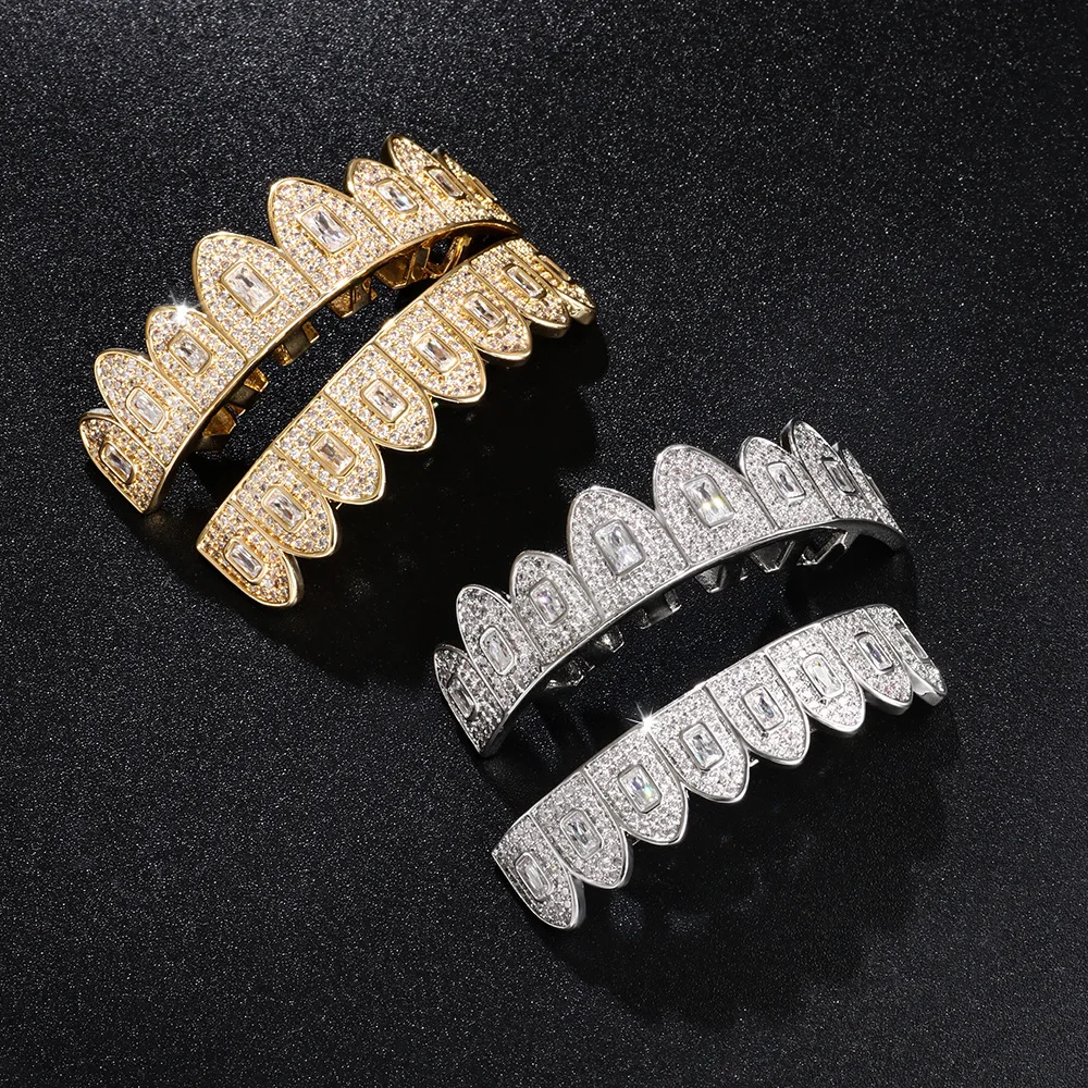 Wholesale 14K White Gold Plated Mouth Grillz Hip Hop Iced Cubic Zirconia Teeth Grillz Diamond Top&Bottom Grillz For Men