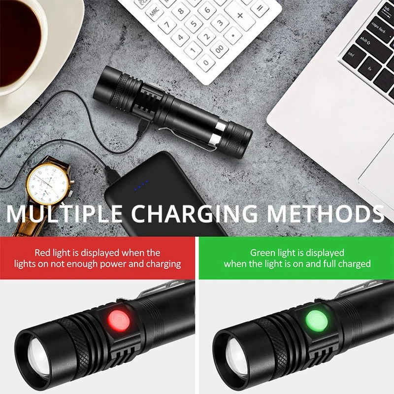 Zoomable 4 Lighting Modes Multi-function USB Charging Waterproof Torch Ultra Bright LED Flashlight with XP-L V6 LED Lamp Beads