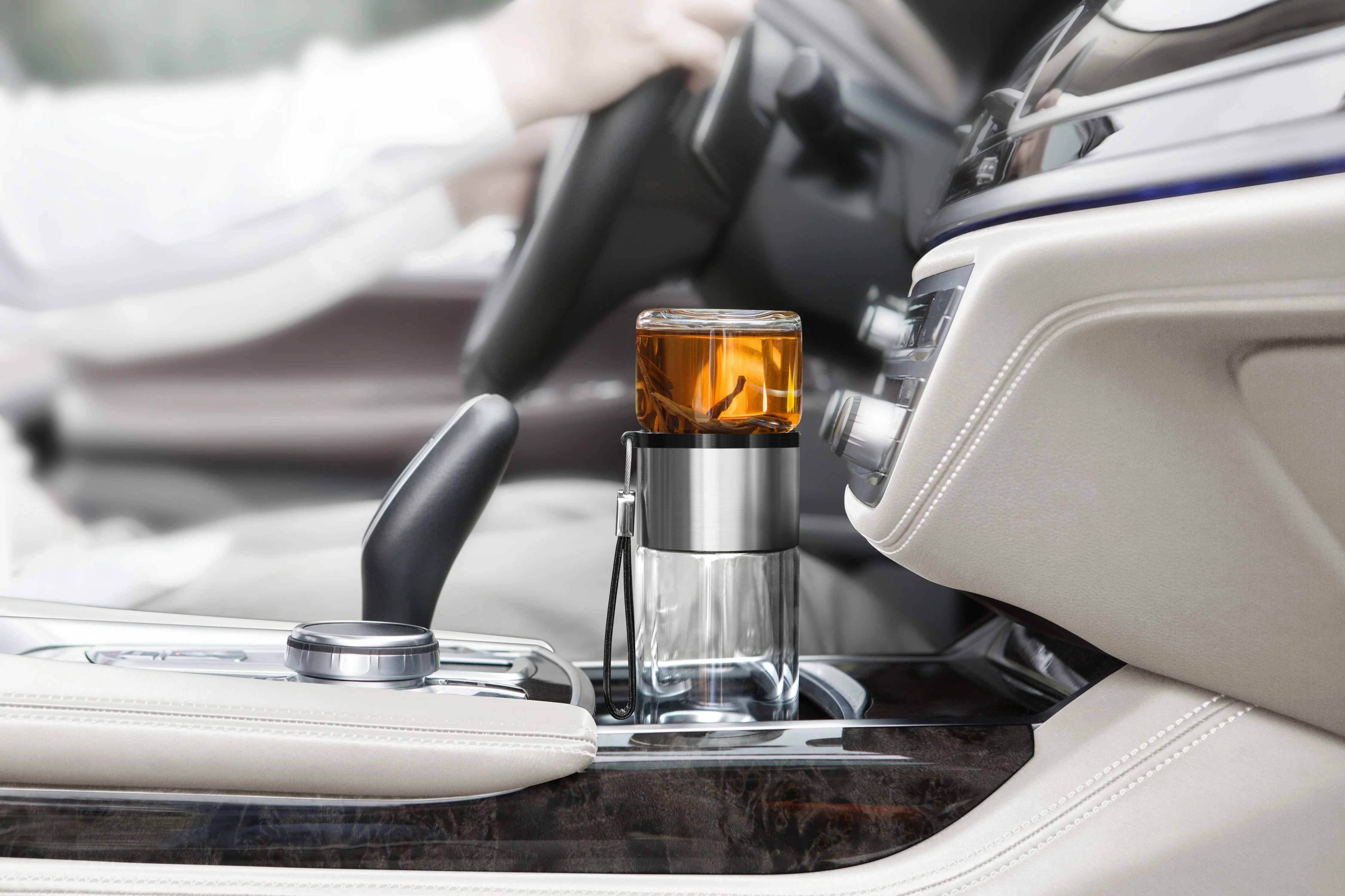 Portable glass tea cup with stainless steel strainer double wall glass tumbler