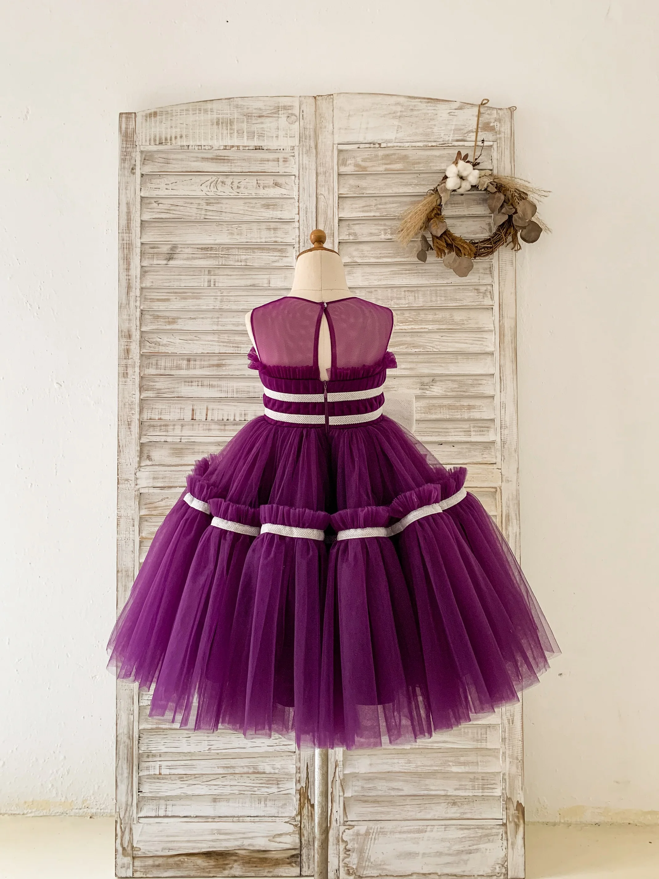 Purple Tulle Wedding Flower Girl Dress Kids Princess Birthday Party TUTU Dress with Glittering Bow