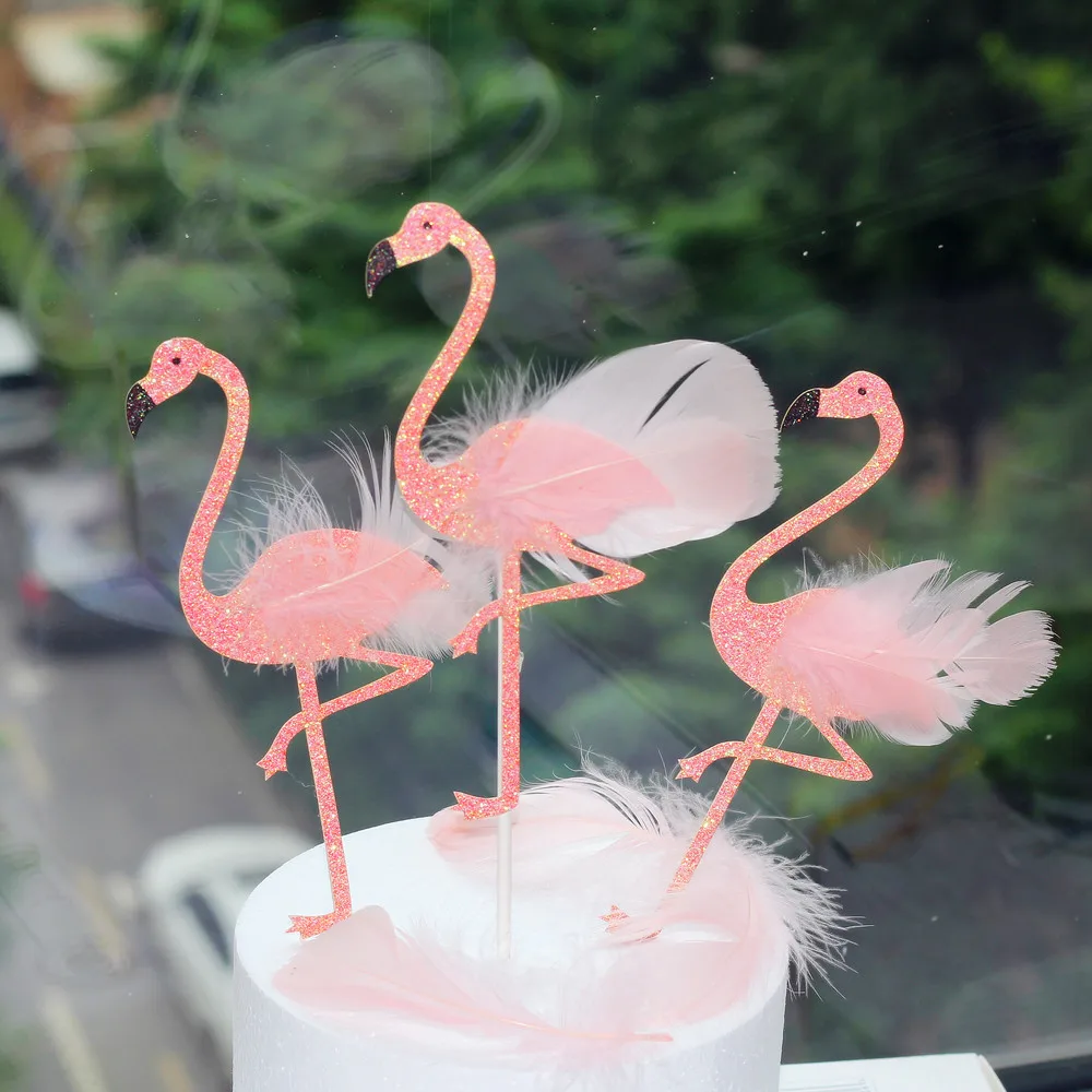 INS Feather Flamingo Glitter Pink Cake Flag Quality Decoration Topper Birthday Cake Card
