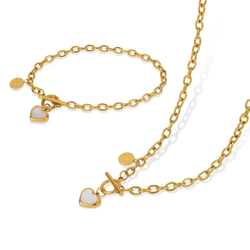 Love Heart Friendship Bracelet Necklace Sets Women Gift Stainless Steel Engagement Wedding Party Chain Bracelets Toggle Clasp