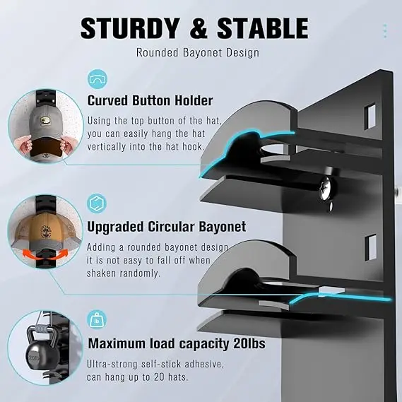 Hat Organizer for Baseball Caps Hat Rack for Wall with Strong Adhesive Hat Hanger Holder Display for Door Closet, Cap Organizer