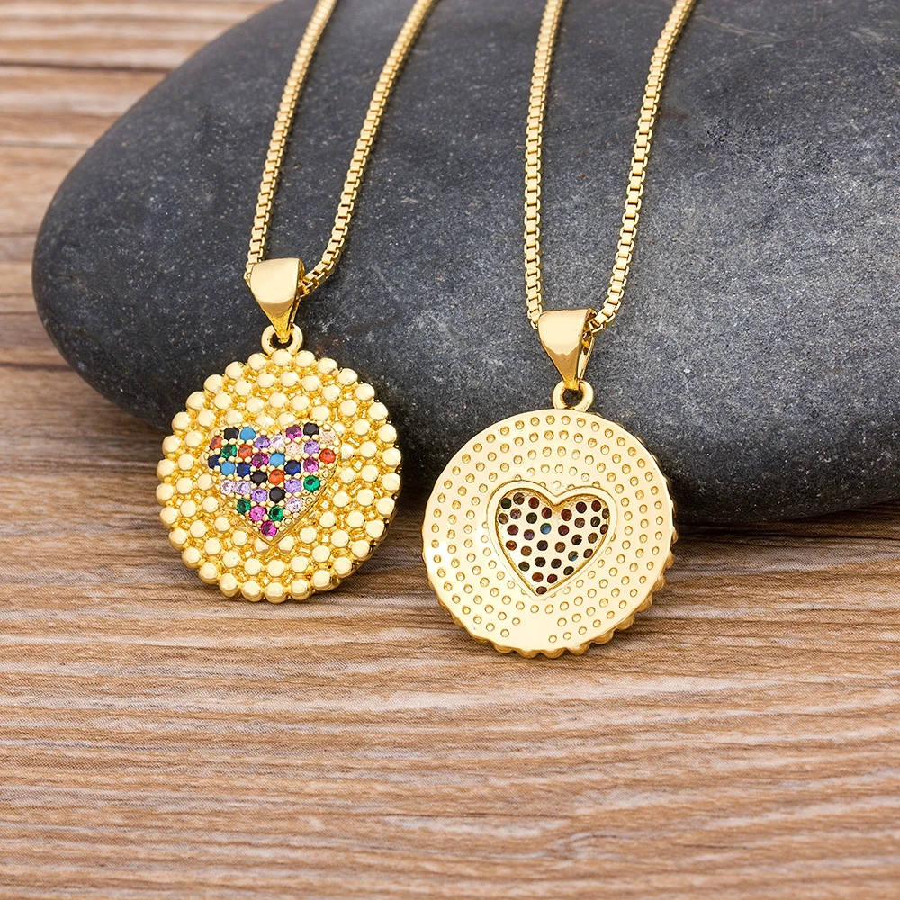 QIKU Romantic Heart Shape Colorful Zircon Women Copper Necklace Round Coin Pendant Jewelry Charm Gift Wholesale Price Daily Wear
