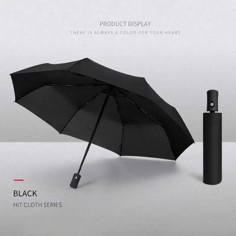 Hot sale UV full-automatic three folding umbrella custom design black tape from Chinese factory