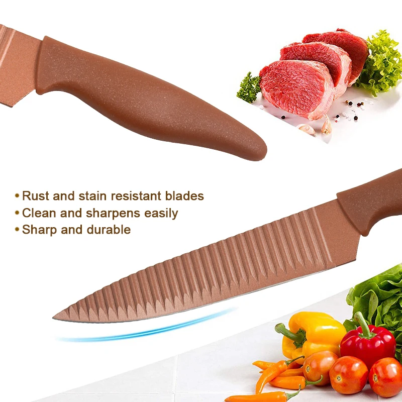 Color Non-stick double wave blades 5-PCS Stainless steel chef kitchen knife set