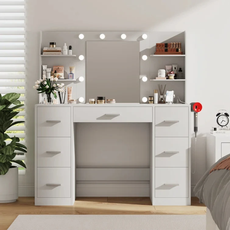 Modern Bedroom Furniture Set Lighted Bathroom Vanity with Dressing Table Wood Panel Style for Hotel or Apartment Use