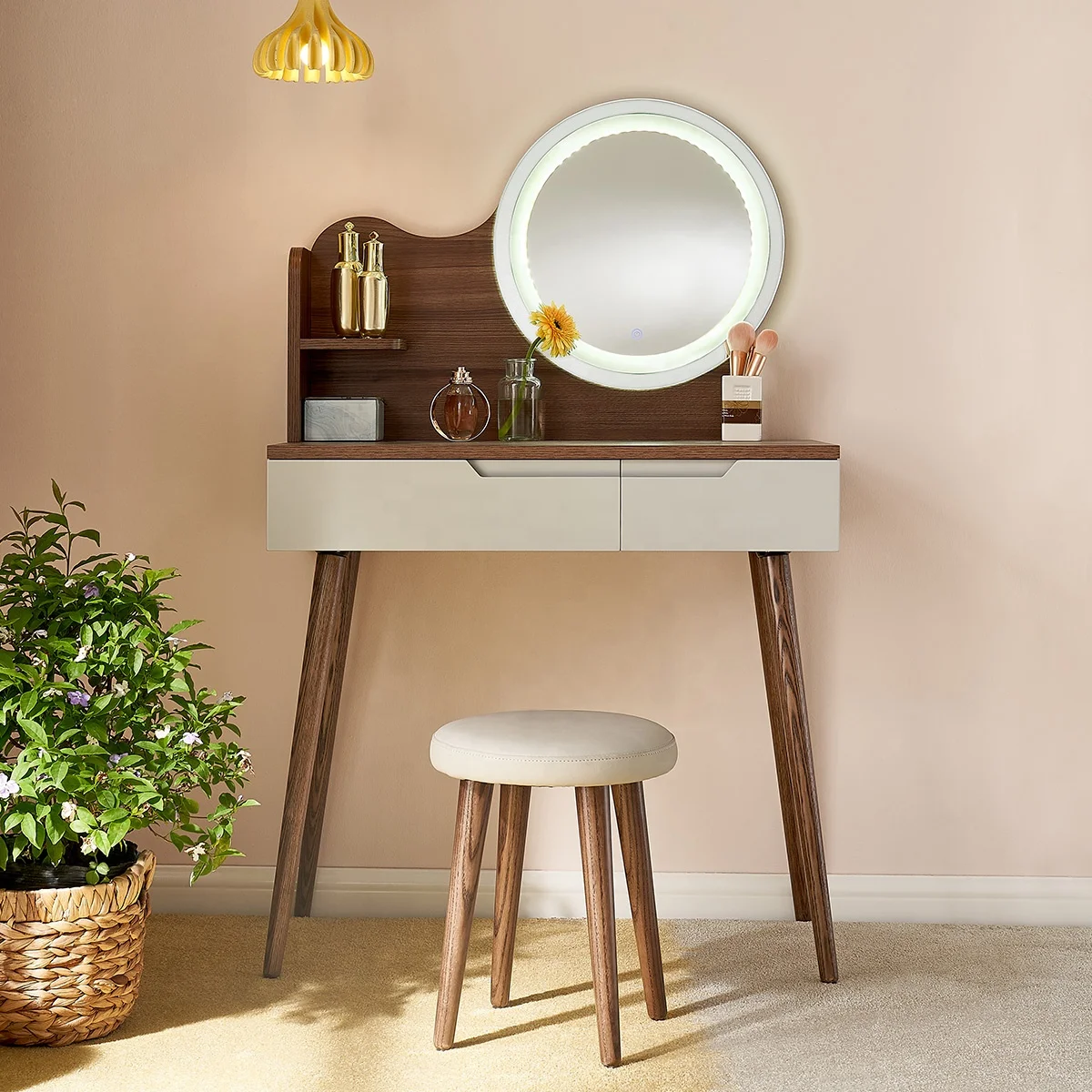 127103 Quanu modern style storage vanity dressing mirror set table with lights around mirror