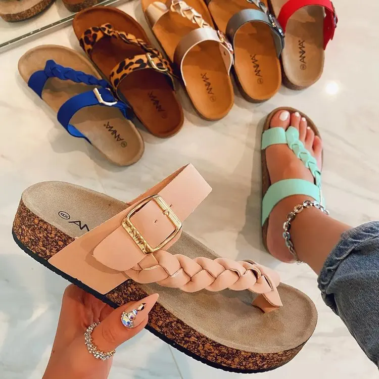 2022 New Style Sandals Pu Leather Buckle Double Strap EVA Sole Cork 4 colors women flat sandals