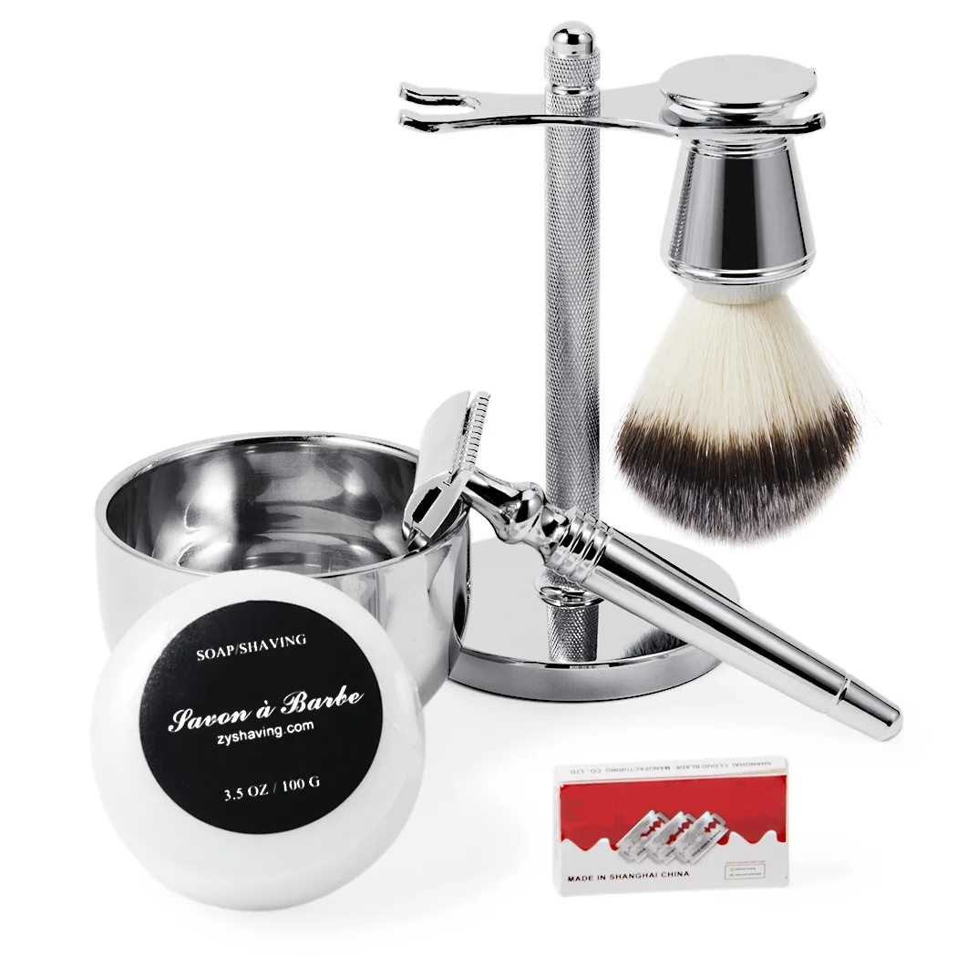 6 in 1 Double-Edge manual Safety Razor with steel Stand zinc alloy handle badger shaving brush,shaving soap, bowl,razor blades