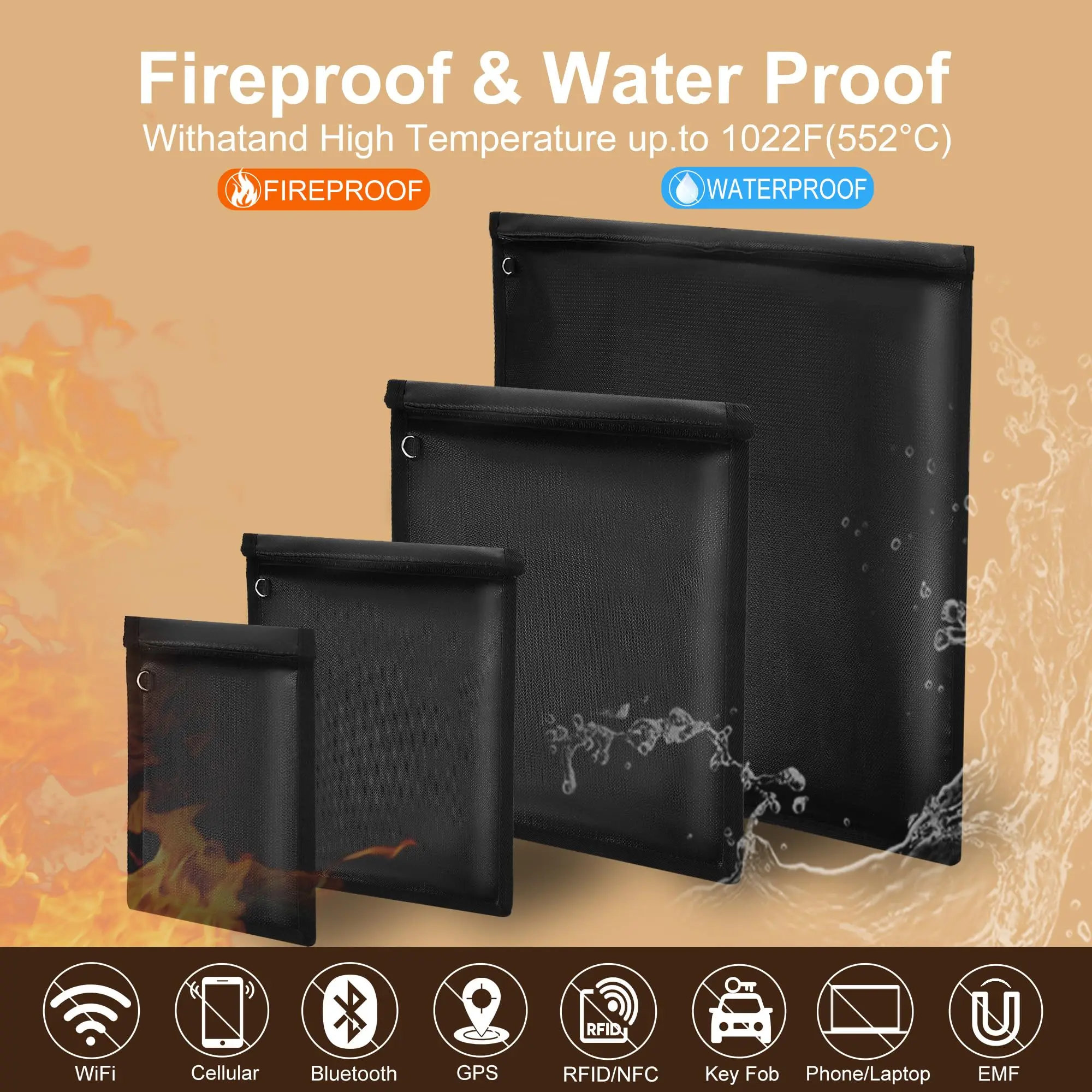Custom Fireproof 4 pack Faraday Bag, RFID Signal Blocking Bag for Car Key, Phone, Tablet, Laptop