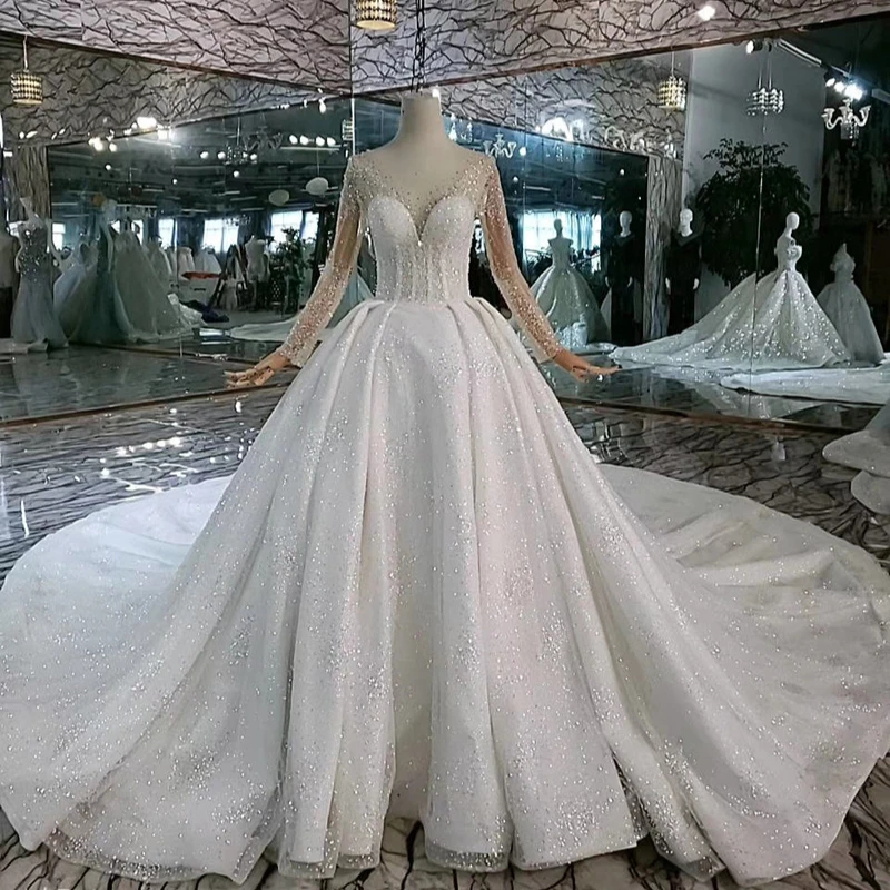 Beatiful Wholesale Bridal Ball Gown Long Sleeves Bead Lace Luxury A-line Bridal Gown For Women Wedding Dresses