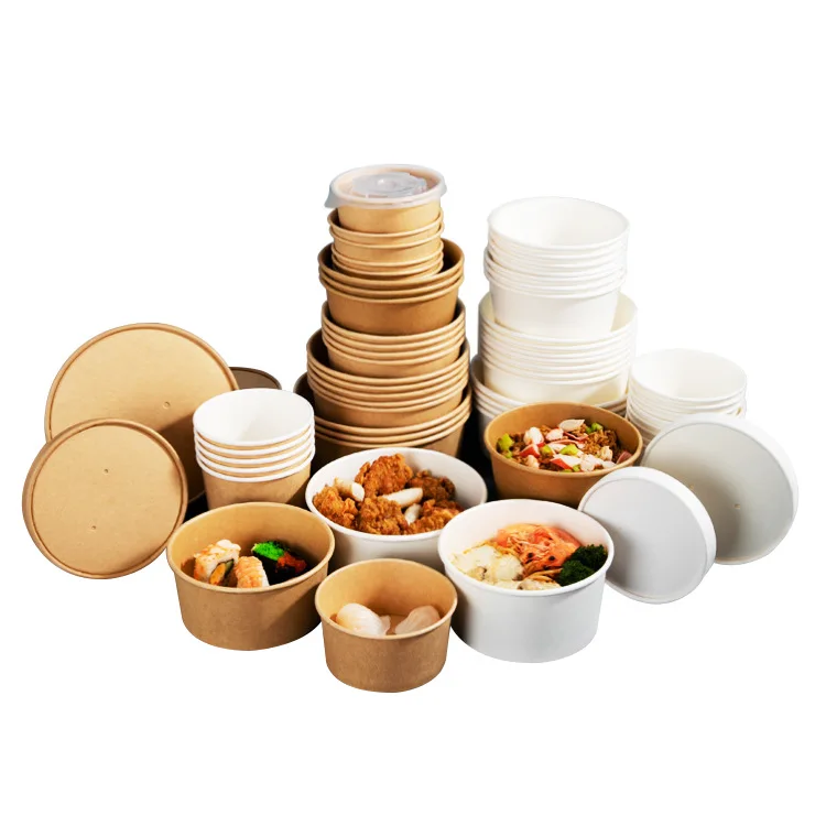 100% Eco Friendly Disposable Brown Kraft Paper Salad Bowl With Lid
