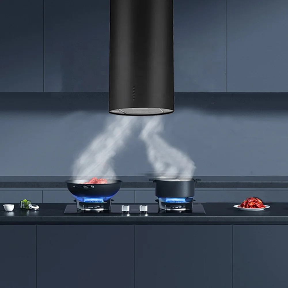 big suction  black round ceiling island smart range hood round ceiling hood column cooking kitchen hood with aluminum filters