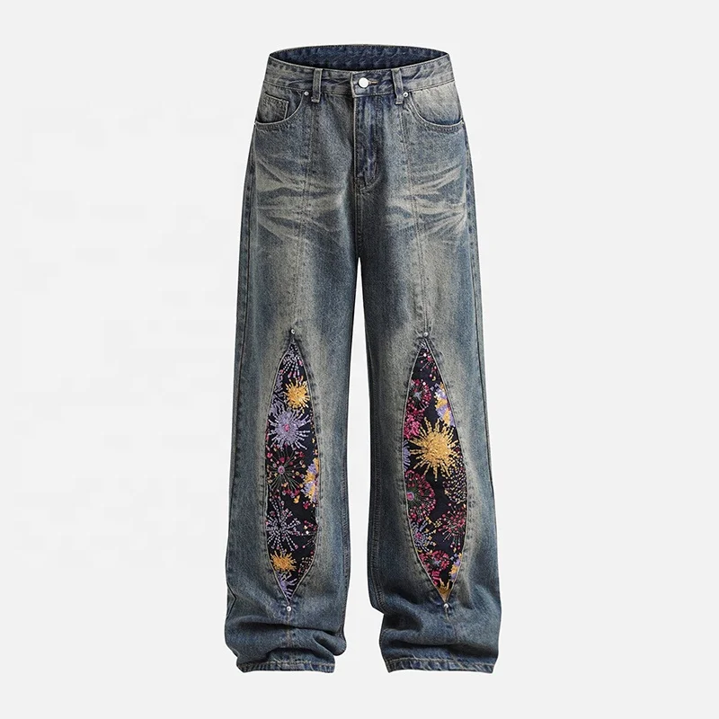 GDTEX denim manufacturer patchwork jeans women custom baggy jeans with sequins