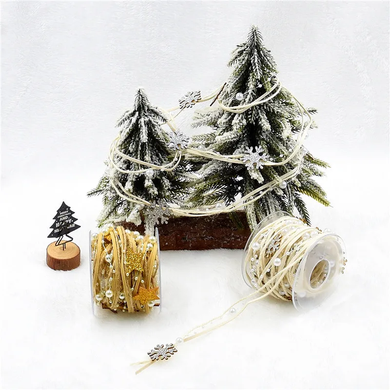 Handmade Five-pointed Star Pearl Beaded Hemp Rope Chain Ribbon Width 3 cm Christmas Tree Decoration Ribbon for Gift Packaging