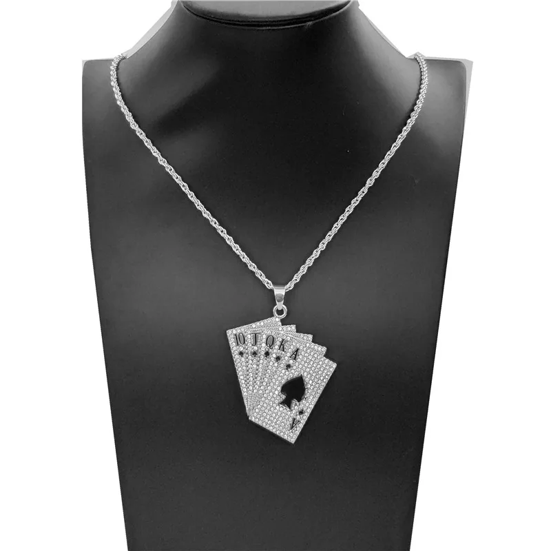 Sell luxury fadeless ice out full diamond cubic zircon silver gold Rhinestone poker pendant necklace jewelry