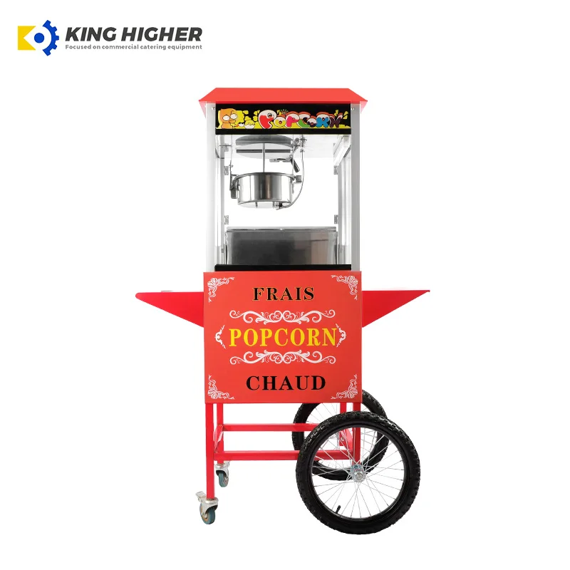 Commercial Electric Popcorn Machine With Cart Retro Automatic Puffed Rice Popcorn Maker Wheels Hot Air Chocolate Popcorn Trolley