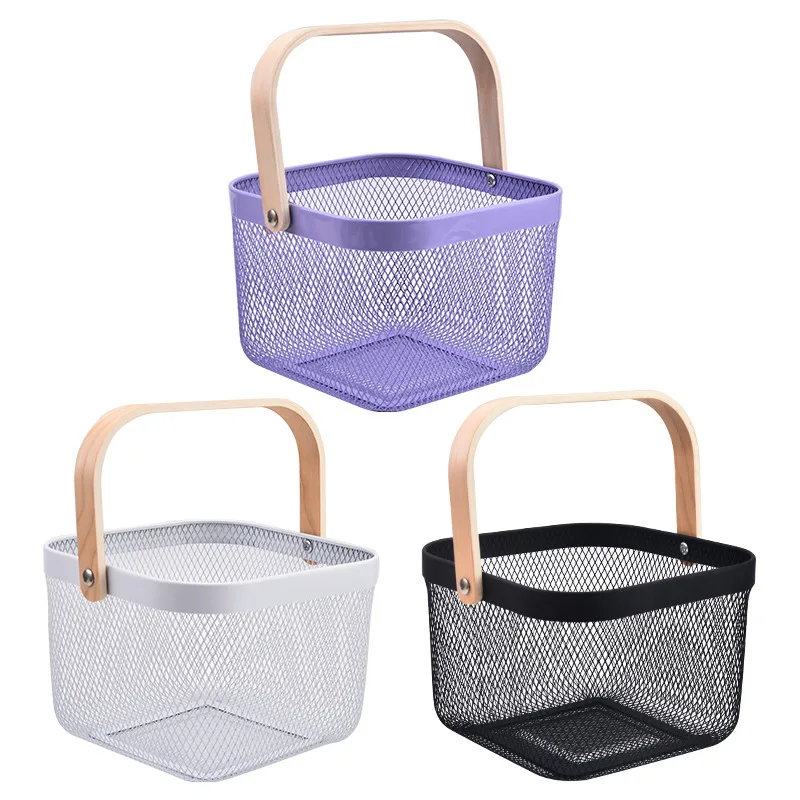 Iron handheld basket with wooden handle household hollow storage basket for fruit and vegetable draining basket for kitchen