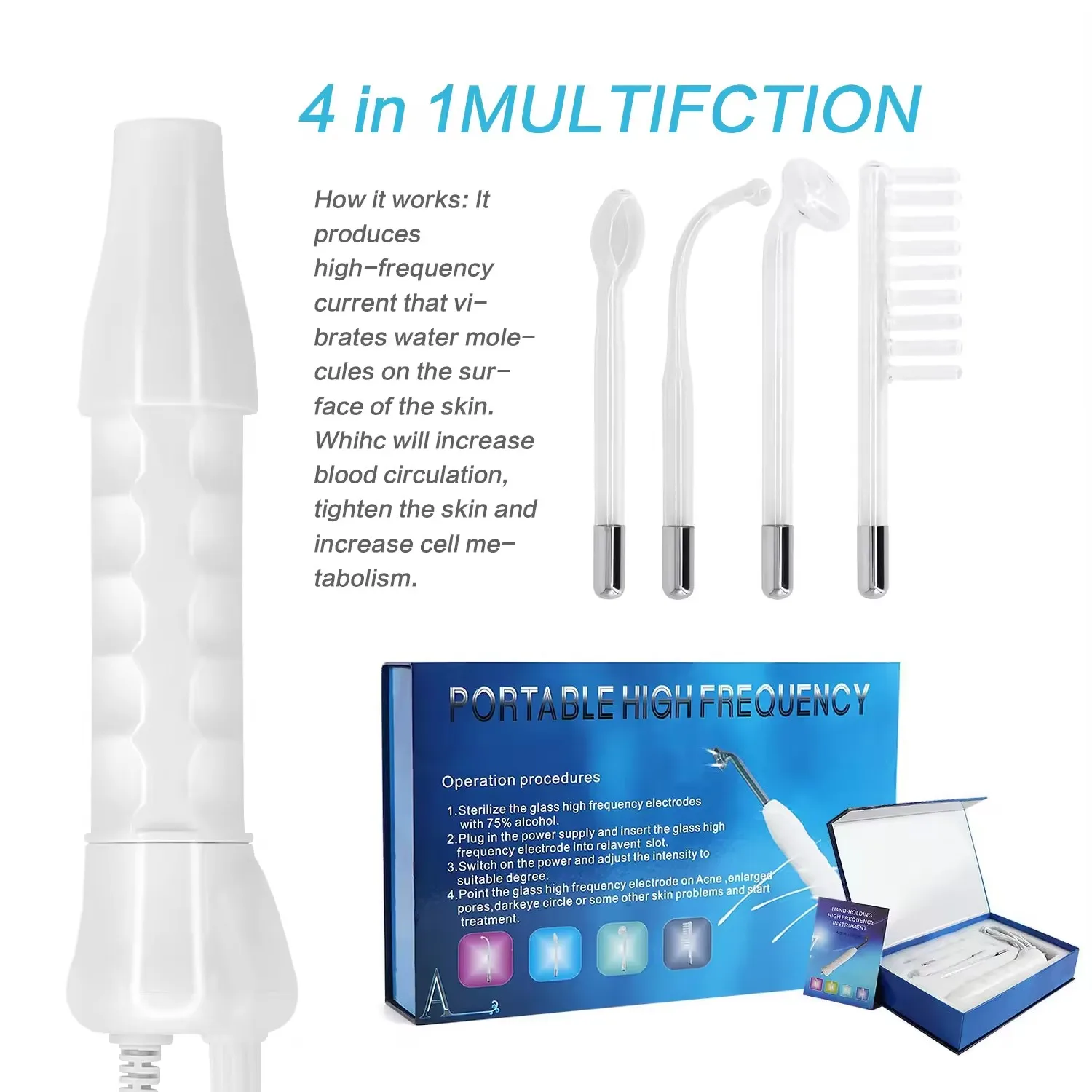 Portable High Frequency Device Skin Care Machine With 4 Wand Electrodes Used for Ozone Therapy Equipment