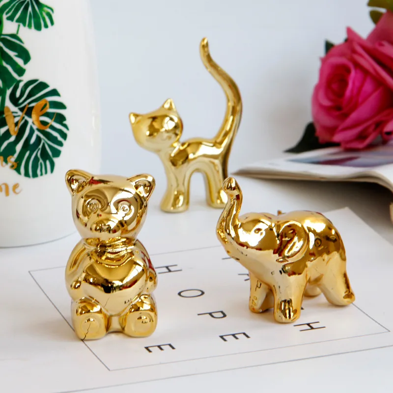 European Style Electroplating Mini Golden Ceramic Ornaments Fruit and Animals Statue Counter Desktop Porch Ornaments Home Decor