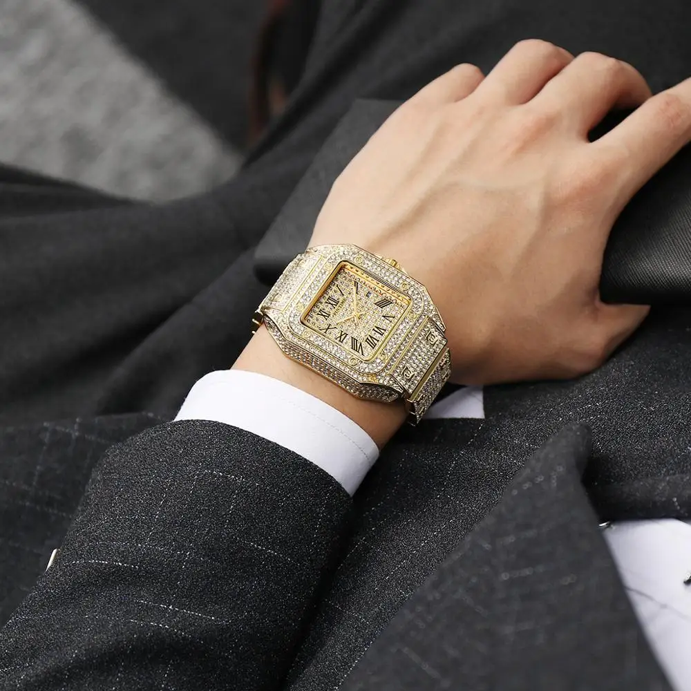 PINTIME Gold Square Men Watch Hip Hop Diamond Iced Out Watch Men Calendar Business Quartz Wristwatch Relojes