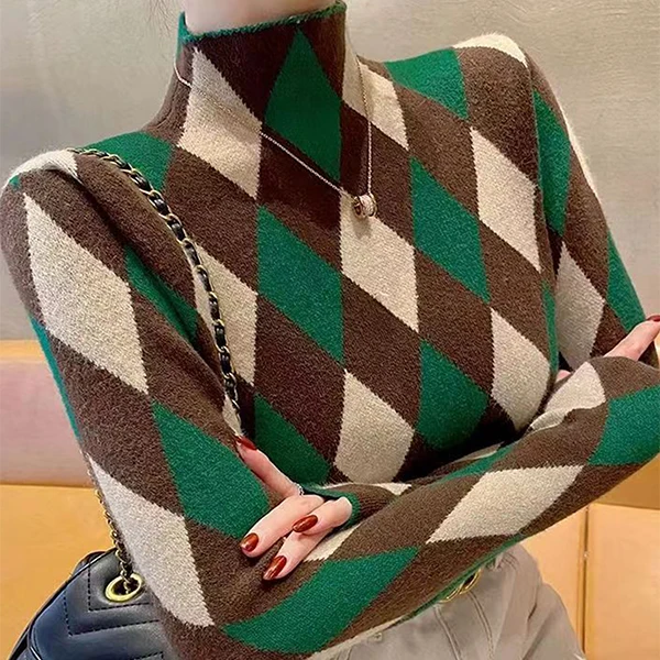 2024 autumn and winter new niche retro slimming top design prismatic grid slim high-neck woolen woven base shirt for women
