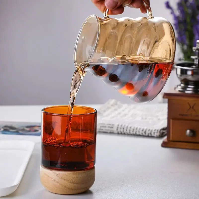 Electroplated Coloured Glass Cloud Jug Set Sharing Pot Coffee Filter Household Mug with Black Walnut Wooden Tray Coffee