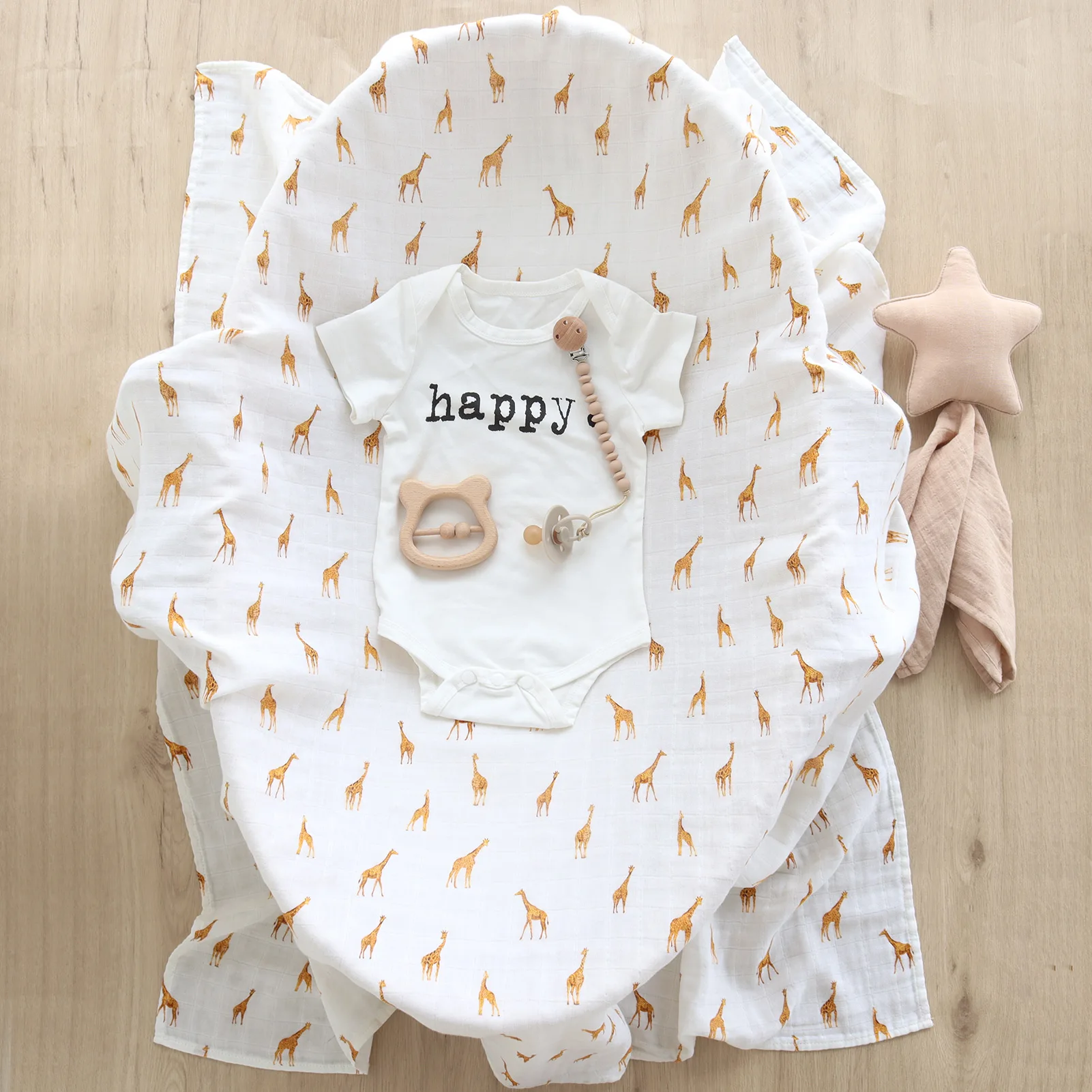2023 100% GOTS Organic cotton Gingham  Giraffe set Newborn Muslin Wrap baby bed Bunny Muslin Swaddle blanket
