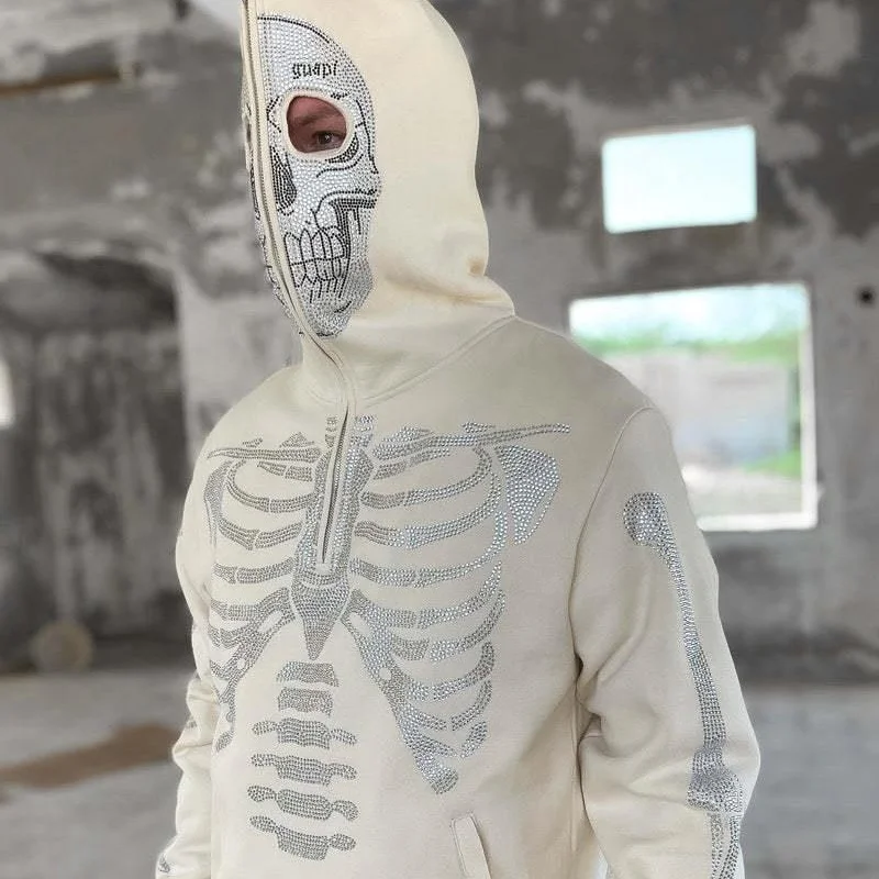 Custom OEM Y2K Hoodie Sweatshirts For Men Loose Skull Hot Drill Printing Long-sleeved Hooded Sweatshirt Pullover Jacket Male