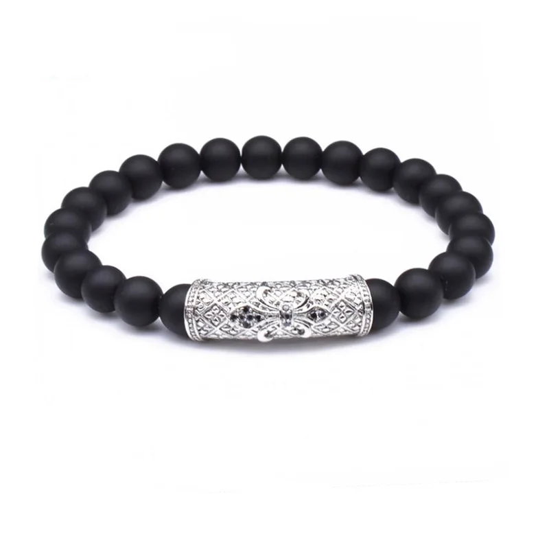 Renting Jewelry Natural Stone Matte Onyx CZ Pave Anchor Charm Beads Elastic Bracelet Men