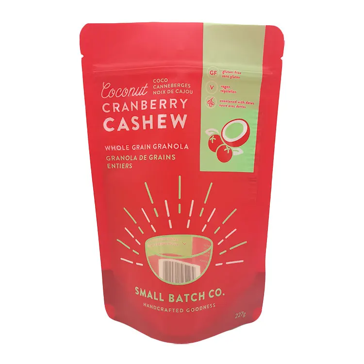 Custom mylar coconut cranberry stand up pouch resealable plastic cashew bag