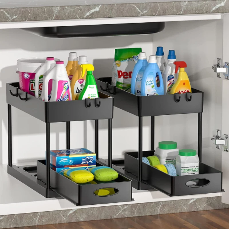 WTB-141 Black 2tier Kitchen Storage Racks Cabinet Organizer Bathroom Organizador De Cocina Storage Holders Racks with Hooks