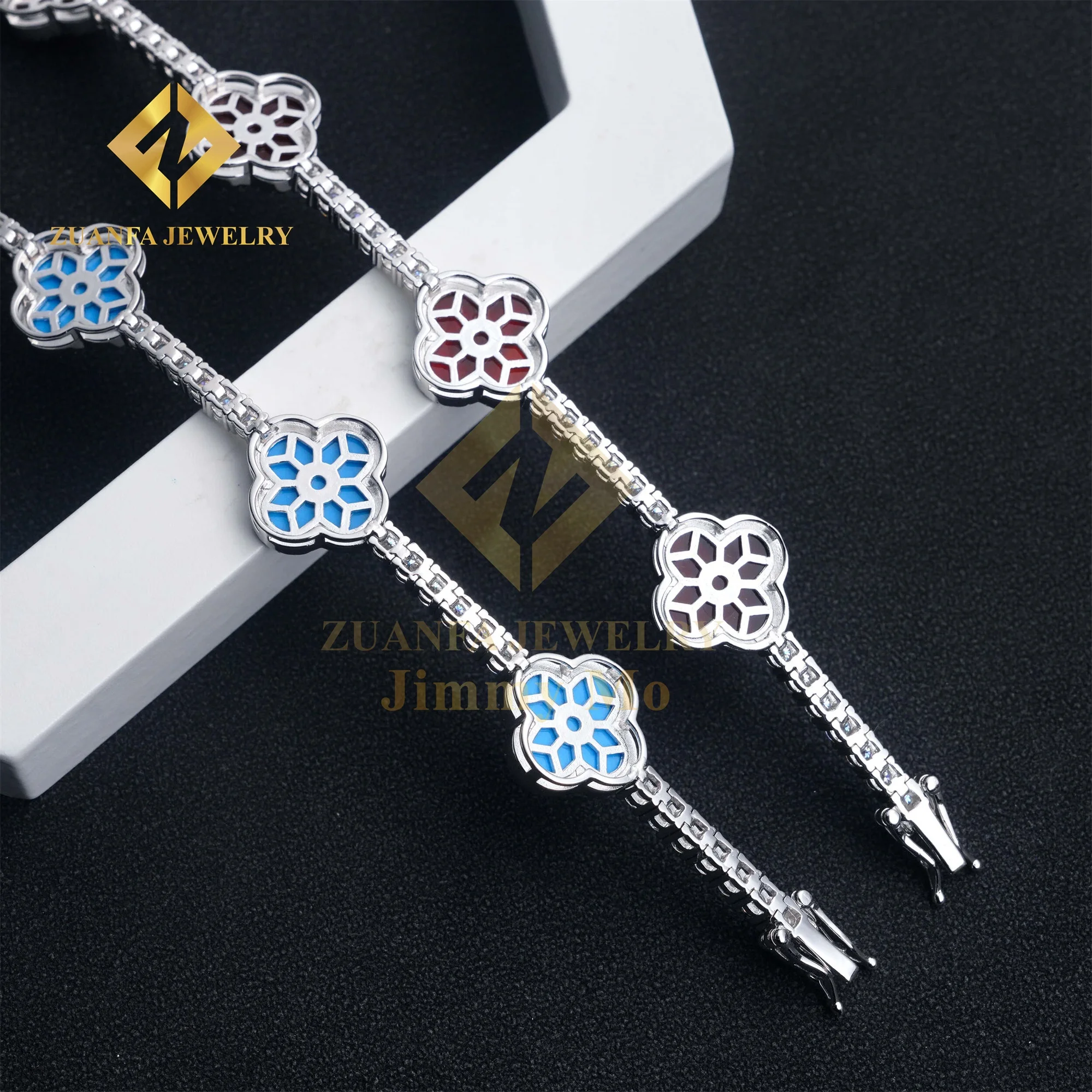 Unique Popular 3mm Iced Out Hip Hop Jewelry S925 Silver VVS1 Moissanite Diamond Four Cleef Clover Leaf Cluster Tennis Bracelet