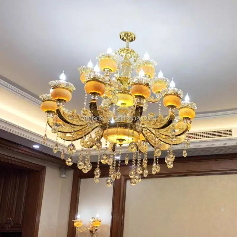 Royal classical custom round large yellow jade chandeliers living room pendant ceiling light luxury golden crystal chandelier