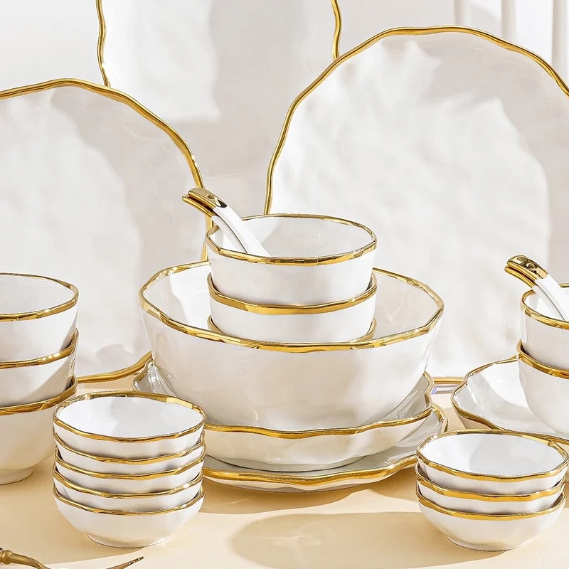 Wholesale Gold Rim Ceramic Dinner Set Kitchen Dishes Dinnerware White Tableware Porcelain Dinnerware Sets