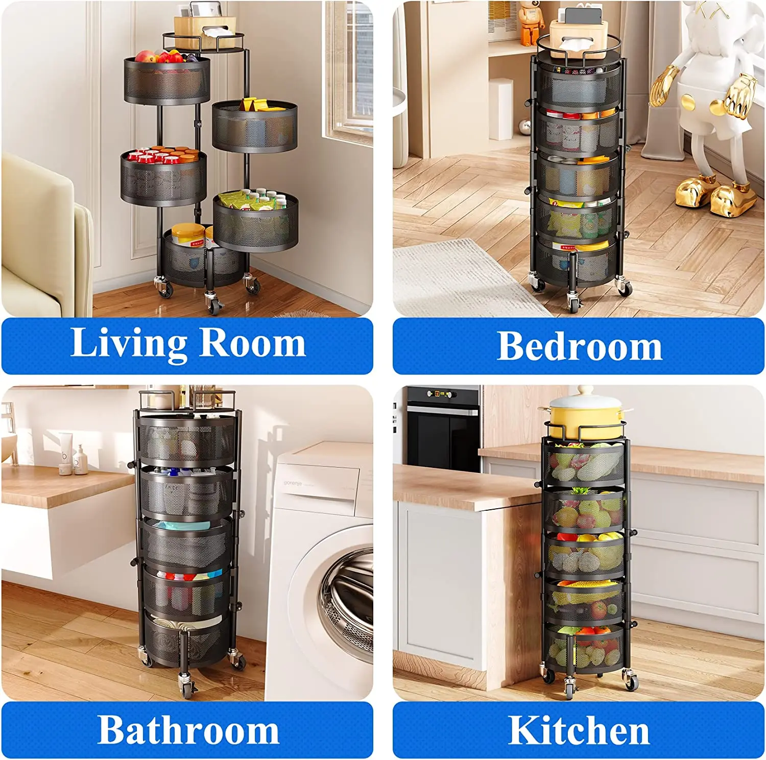 Fruit Vegetable Basket for Kitchen Rotating Storage Rack 5 Tier Rolling Cart Basket with top lid Large Metal Wire Basket