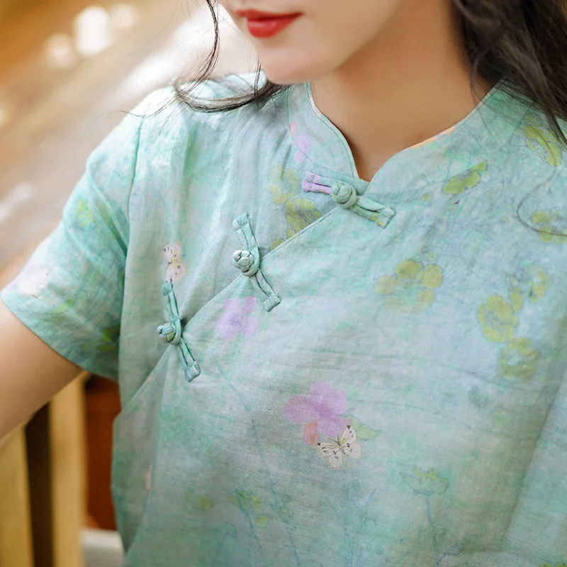 Custom Chinese Linen Dress cheongsam Robes Soft Cotton Linen Print Floral Frog Button Vintage Women Casual Midi Dress