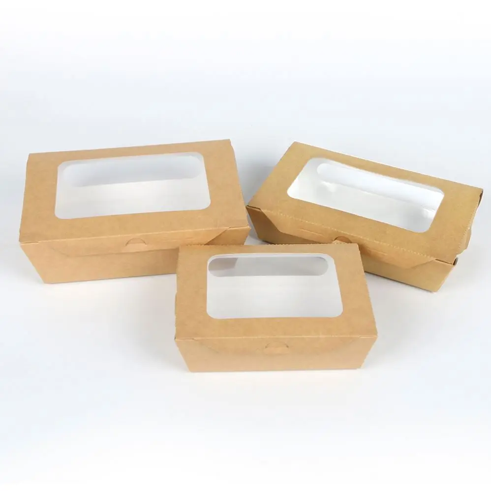 Custom recyclable kraft paper transparent window salad food boxes with windows fruit fast food takeaway lunch box