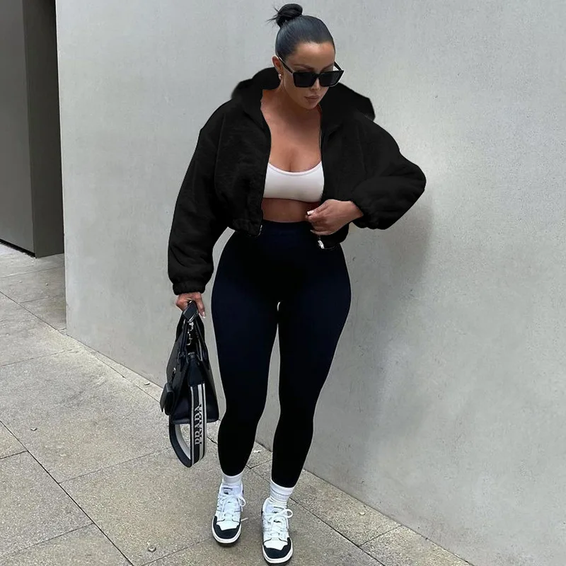 2023 Autumn New Fashion Cardigan Zipper Hooded Plush Long Sleeve Woolen Fur Warm Jacket Coat For Women