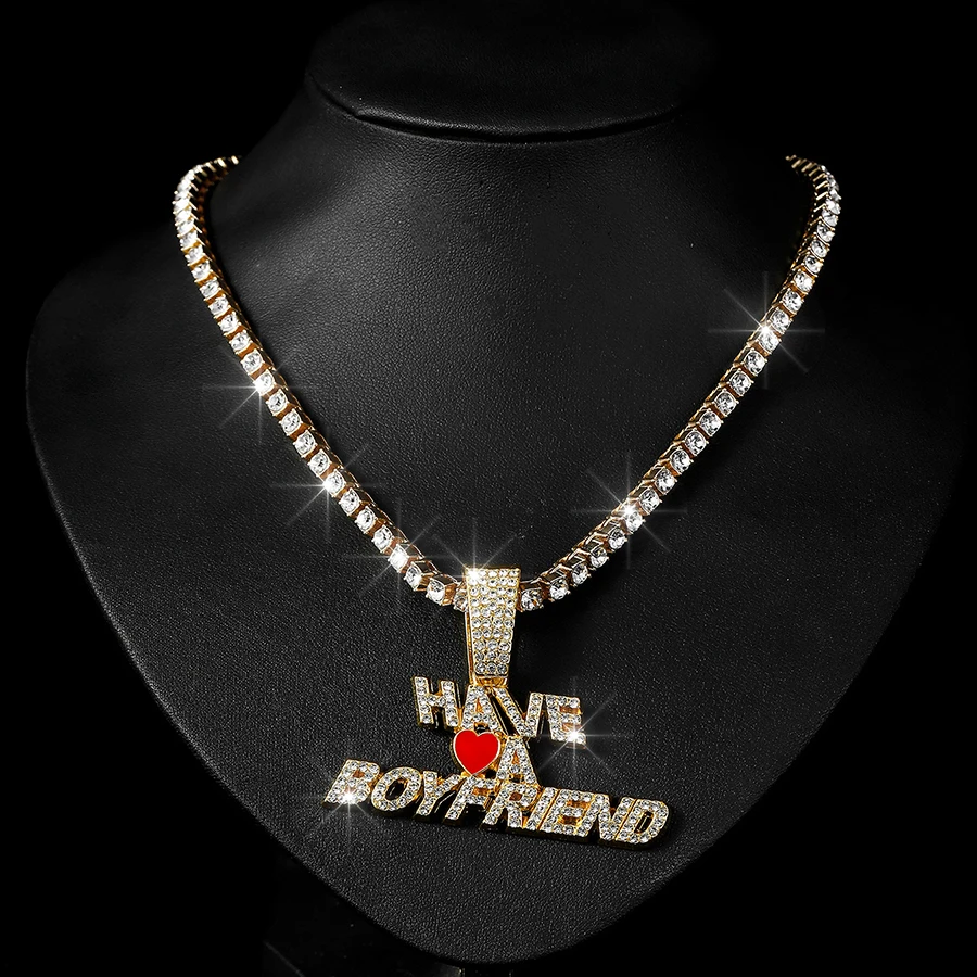 Silver gold color alloy tennis chain with hip hop full bling CZ rhinestone heart letter pendant chokers necklace