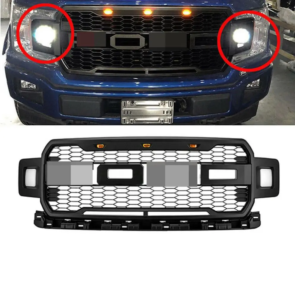 2018 2019 2020 Black ABS Raptor style Grills Front Grill with Light for FORD F150