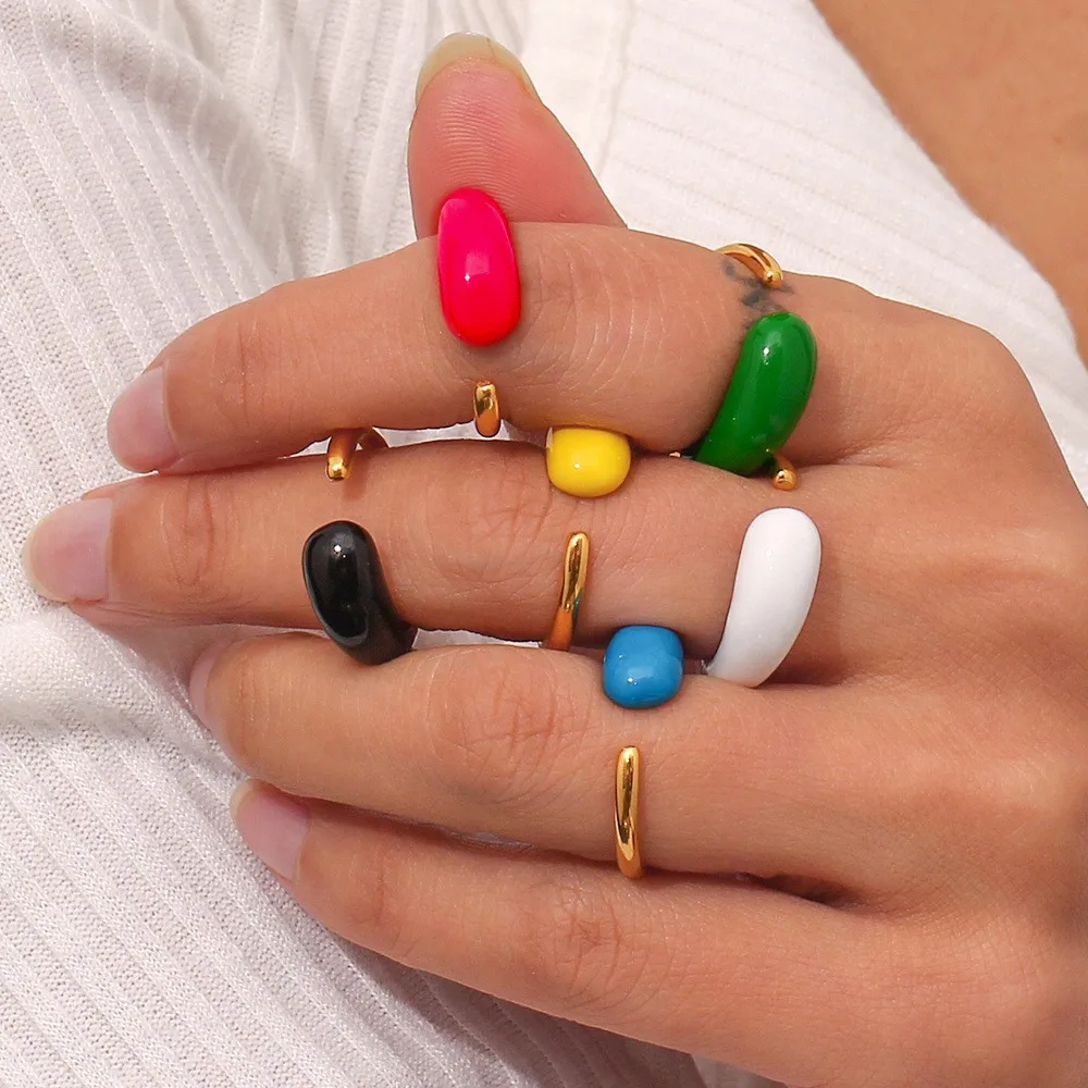 Wholesale Fashion Luxury Women Rings Zircon Pearl Enamel Chunky 18K Gold Stainless Steel Women Ring