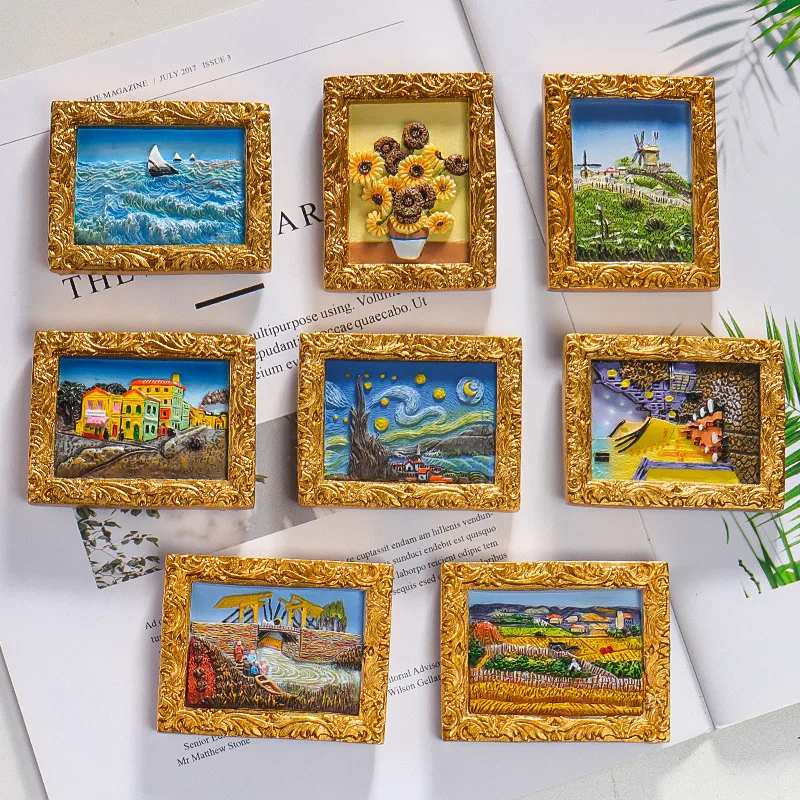 Creative refrigerator stickers world famous painting Van Gogh series starry sky sunflower Nordic ins stereo 3D resin magnetic