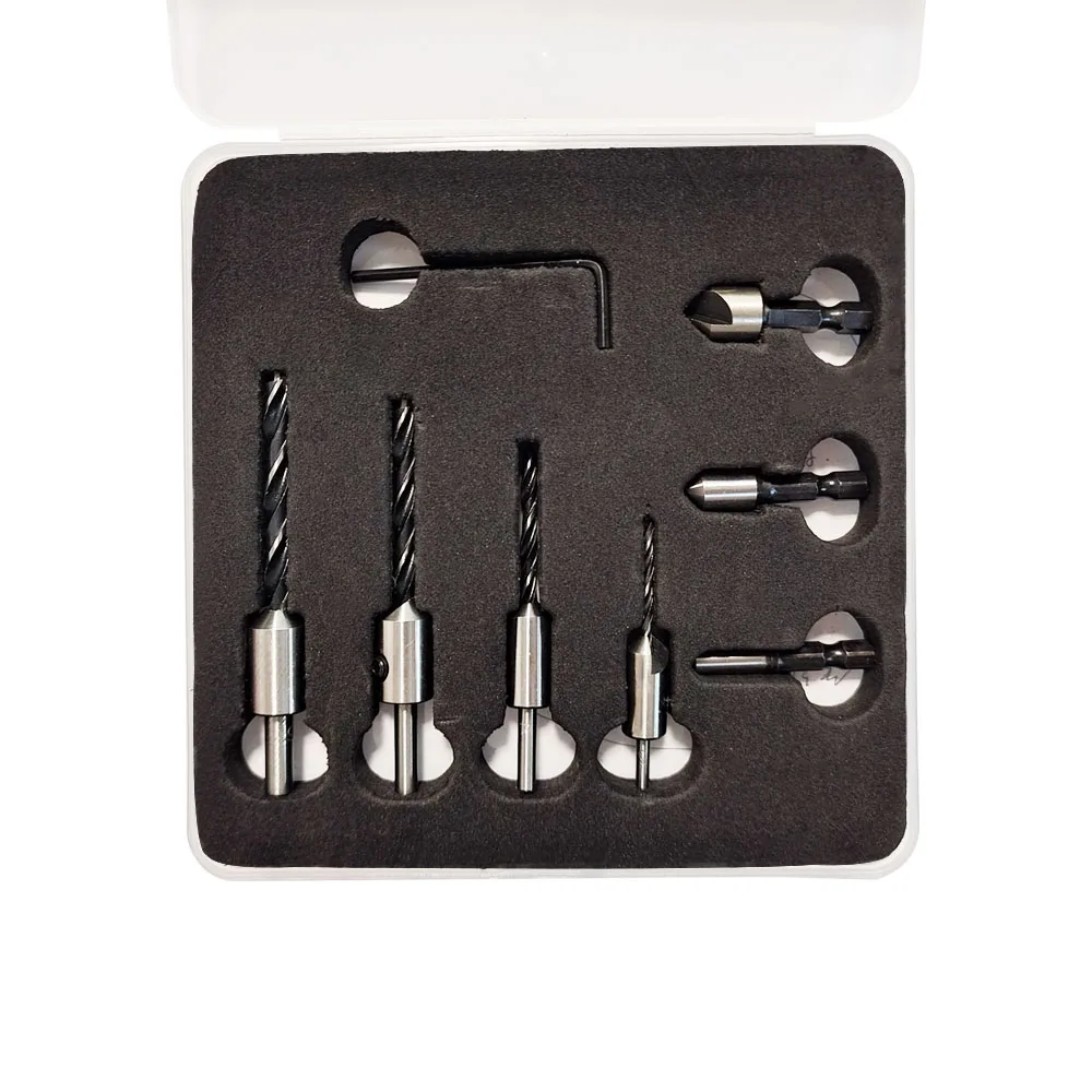 High Carbon Steel 7Pcs Round & Hex Shank Countersink Drill Bits Set for Woodworking with 1 Hex Key Wrench
