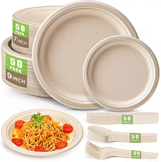 Compostable cake tray for oven Paper Plates Set 250PCS Disposable Plate and Utensil Biodegradable Dinnerware for Party Sugarcane